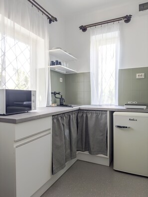 Compact kitchen with microwave, sink, and refrigerator, offering ample space for meal preparation.