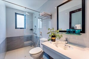Uma casa de banho moderna com chuveiro de vidro, sanita, lavatório com espelho e uma planta em vaso.