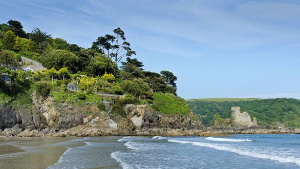 A coastal landscape with a rocky shoreline, lush greenery, and a historical stone structure. - 5 Combehaven (Salcombe)