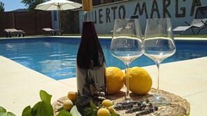 Escena a la piscina amb una ampolla de vi, dues copes, limones i un suport de fibra vegetal.