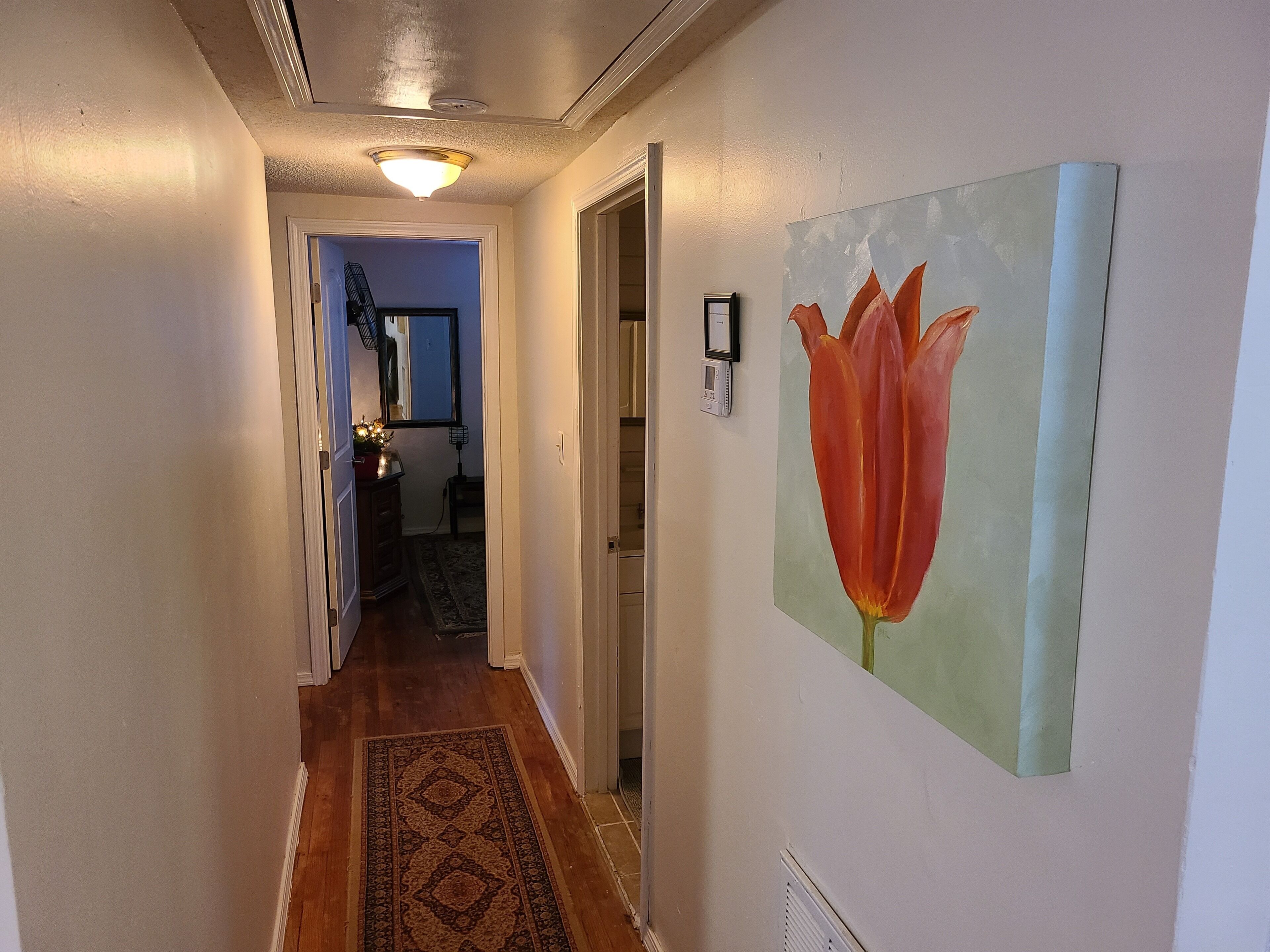 Un couloir avec un plancher en bois, un tapis, un tableau représentant une fleur et une porte donnant sur une autre pièce.