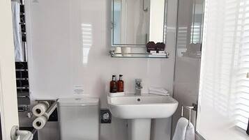 Un baño moderno con inodoro, lavabo y zona de ducha.
