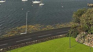 A coastal view with a rainbow over the water, boats, and a grassy area with a fence.