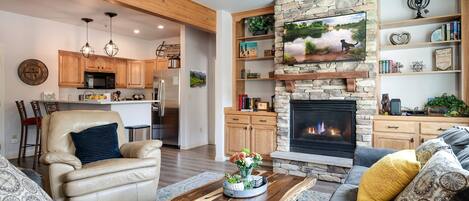 Fernseher, Kamin, Bücher