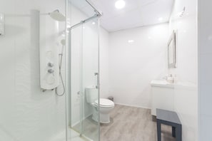 Hair dryer, towels, soap, toilet paper