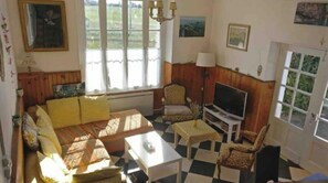 Televisión, chimenea, reproductor de DVD y libros 
