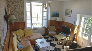 Televisión, chimenea, reproductor de DVD y libros 