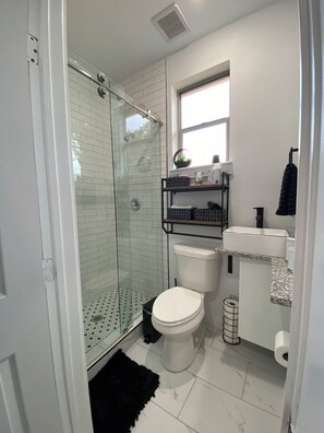 Shower, hair dryer, towels, soap