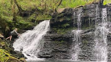 Une cascade dans une zone boisée, avec une personne à proximité de l’eau.