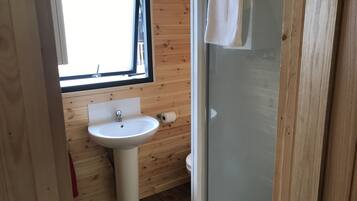 Een kleine badkamer met houten inrichting, een wastafel, toilet en een douchecabine van glas.
