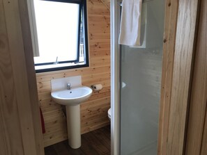 Une petite salle de bain avec un intérieur en bois, un lavabo, des toilettes et une cabine de douche en verre.