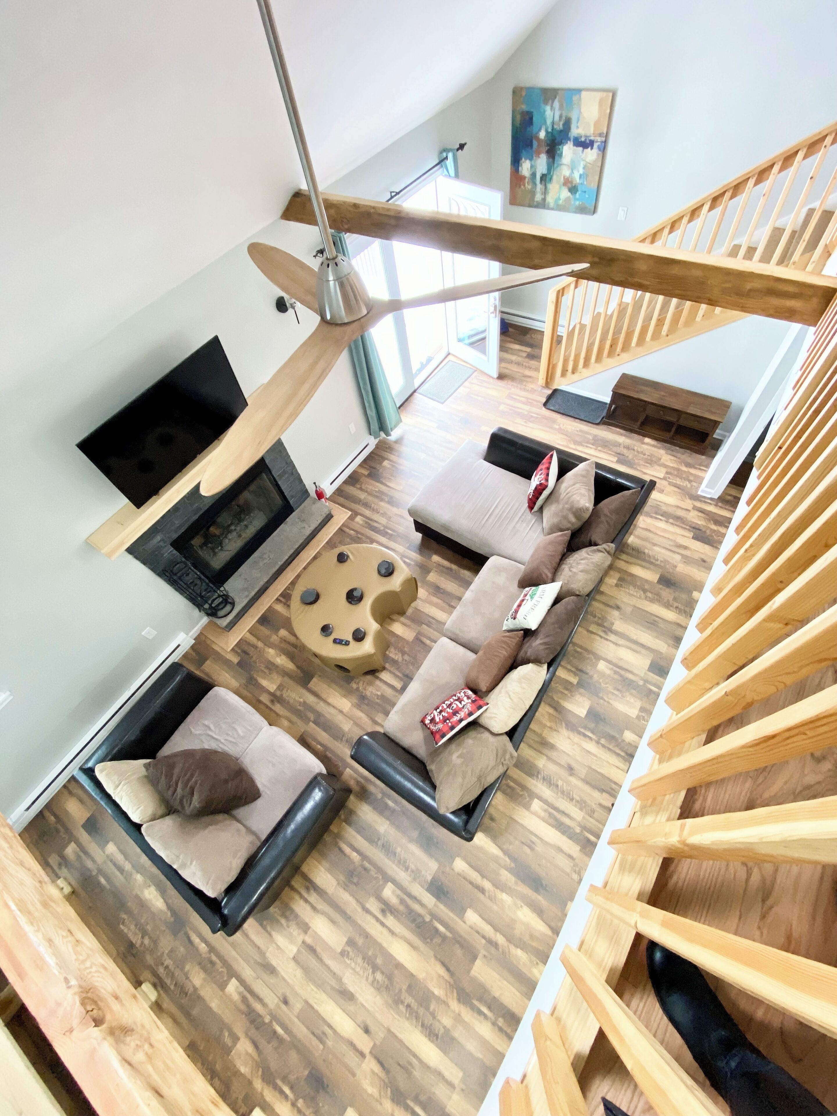 Smart TV, fireplace, foosball