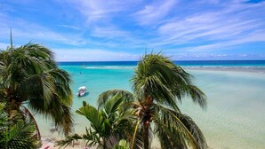 Une plage aux eaux turquoise et limpides, bordée de palmiers, avec un bateau visible au loin.