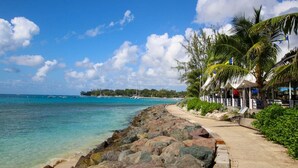 A coastal walkway with a rocky edge, palm trees, and a clear blue sky. - Bliss 2 Bedroom Home by Bluescape (Holetown)