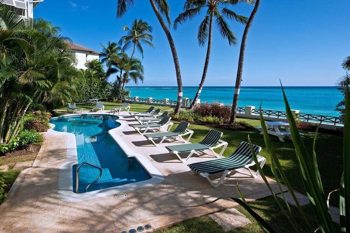 Piscina con sillones de descanso y palmeras, con vista al océano azul y transparente.