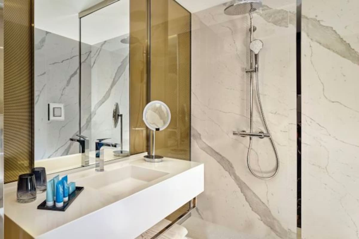 A bathroom with a white sink, a large mirror, a handheld showerhead, and a marble wall.