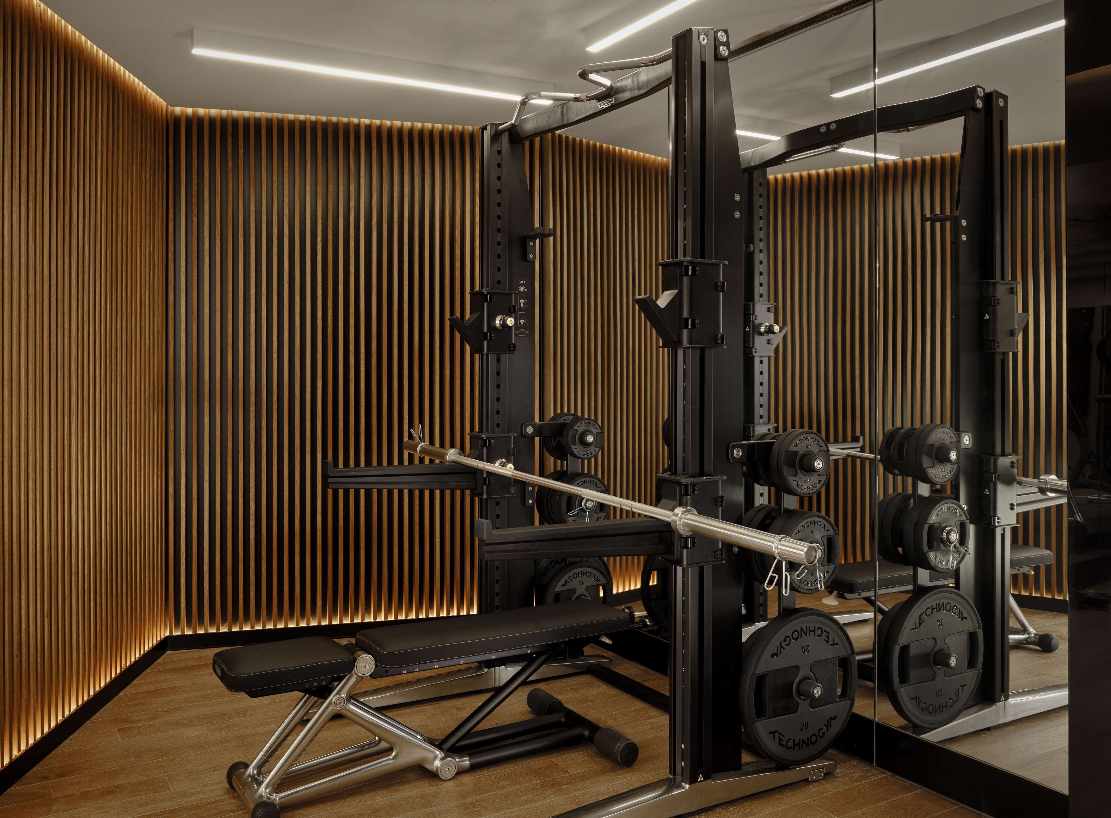 Un gimnasio con una estructura para sentadillas, banco y discos de pesas.