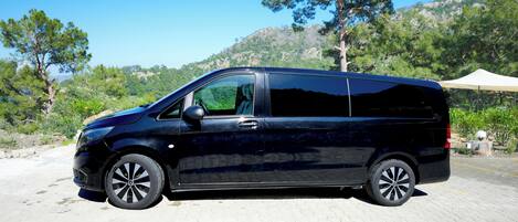 A black van parked on a paved area with a mountainous backdrop and trees.