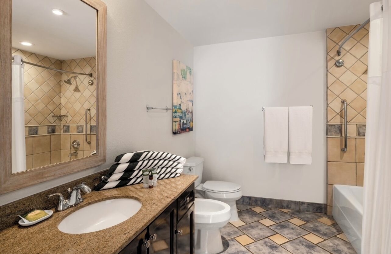 combined shower/bathtub, hair dryer, towels, soap