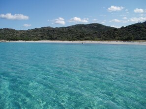 Une mer d’un bleu turquoise limpide, une plage de sable et, au loin, une colline boisée.