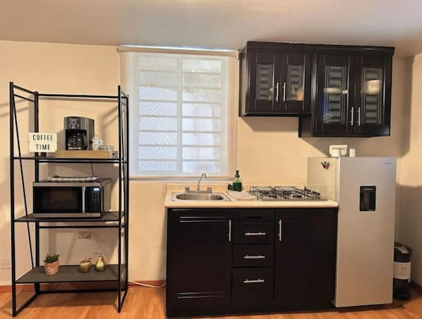 Fridge, microwave, stovetop, coffee/tea maker