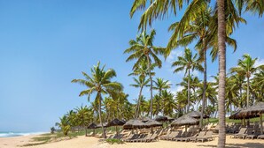Une plage bordée de palmiers, avec des chaises longues et des parasols en feuilles de palmier.