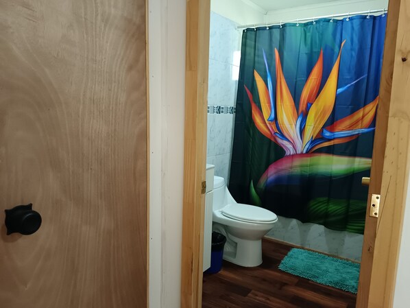 A bathroom with a white toilet, a blue shower curtain with a colorful floral design, and a wooden floor.