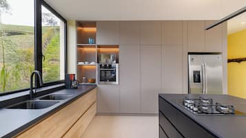 Fridge, oven, stovetop, coffee/tea maker