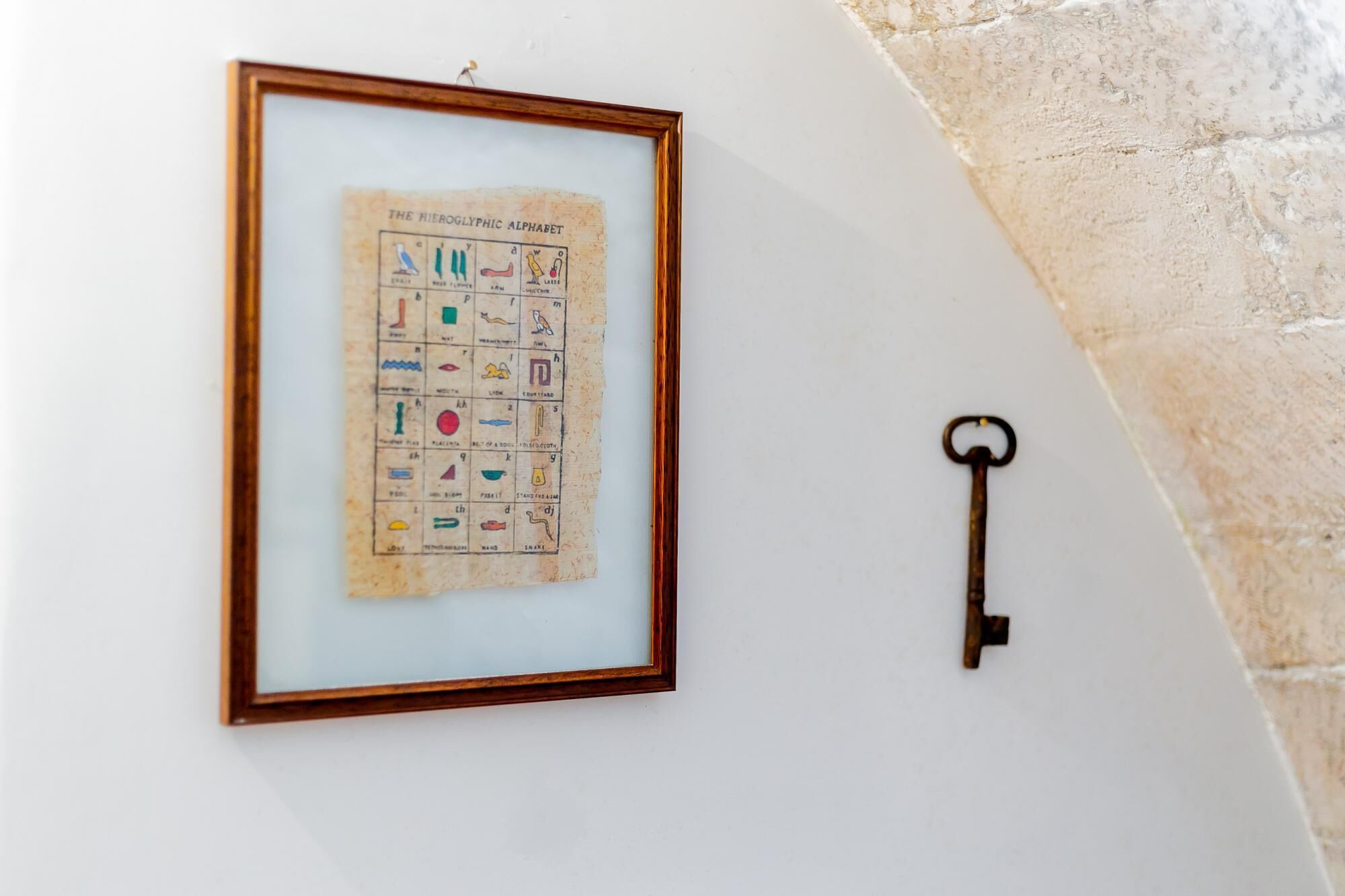 A framed hieroglyphic alphabet chart and a key on a wall.