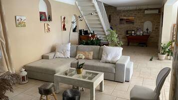 TV connectée, cheminée, livres, chaßne hi-fi