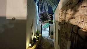 A narrow alleyway with a palm tree and a stone wall on one side, and a white wall on the other. - Can Bonet de Baix Está Situada en el Centro de la Isla y Tiene Vistas al Campo (IB)