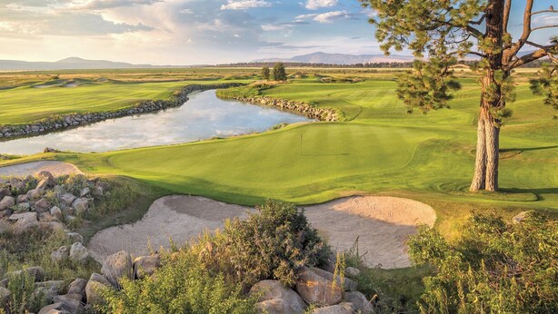 En golfbane med et spejlblankt bassin, sandbunkere og et fyrretræ.