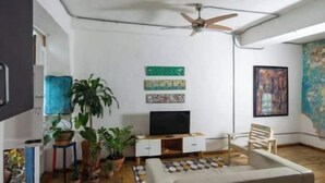 A spacious living room with a sofa, a TV, and several potted plants.