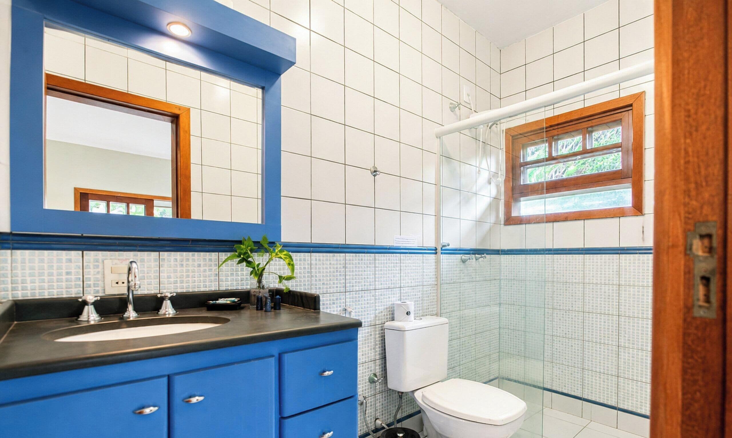 Ein Badezimmer mit blauem Waschtisch, einer weißen Toilette und einer Duschkabine.