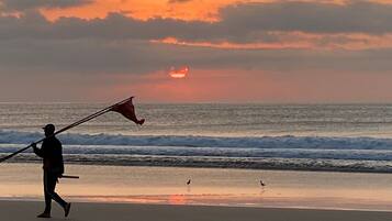 A beach scene with a person flying a kite near the water.