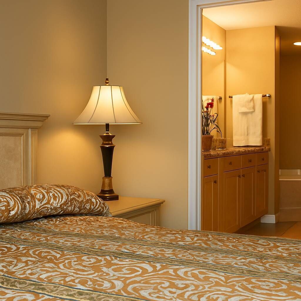 Una habitación de hotel con una cama, una lámpara, un baño con toallero y un espejo.