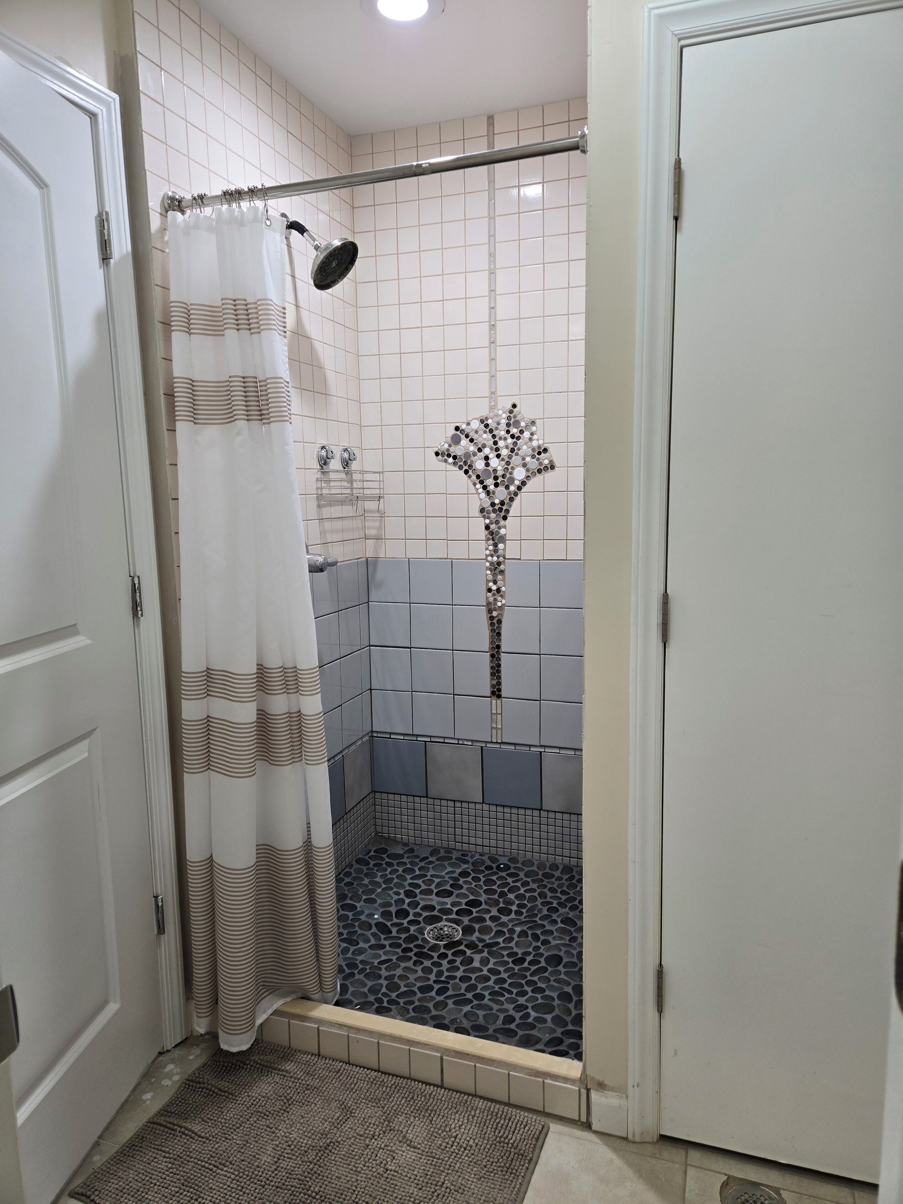 Shower, towels, soap, shampoo