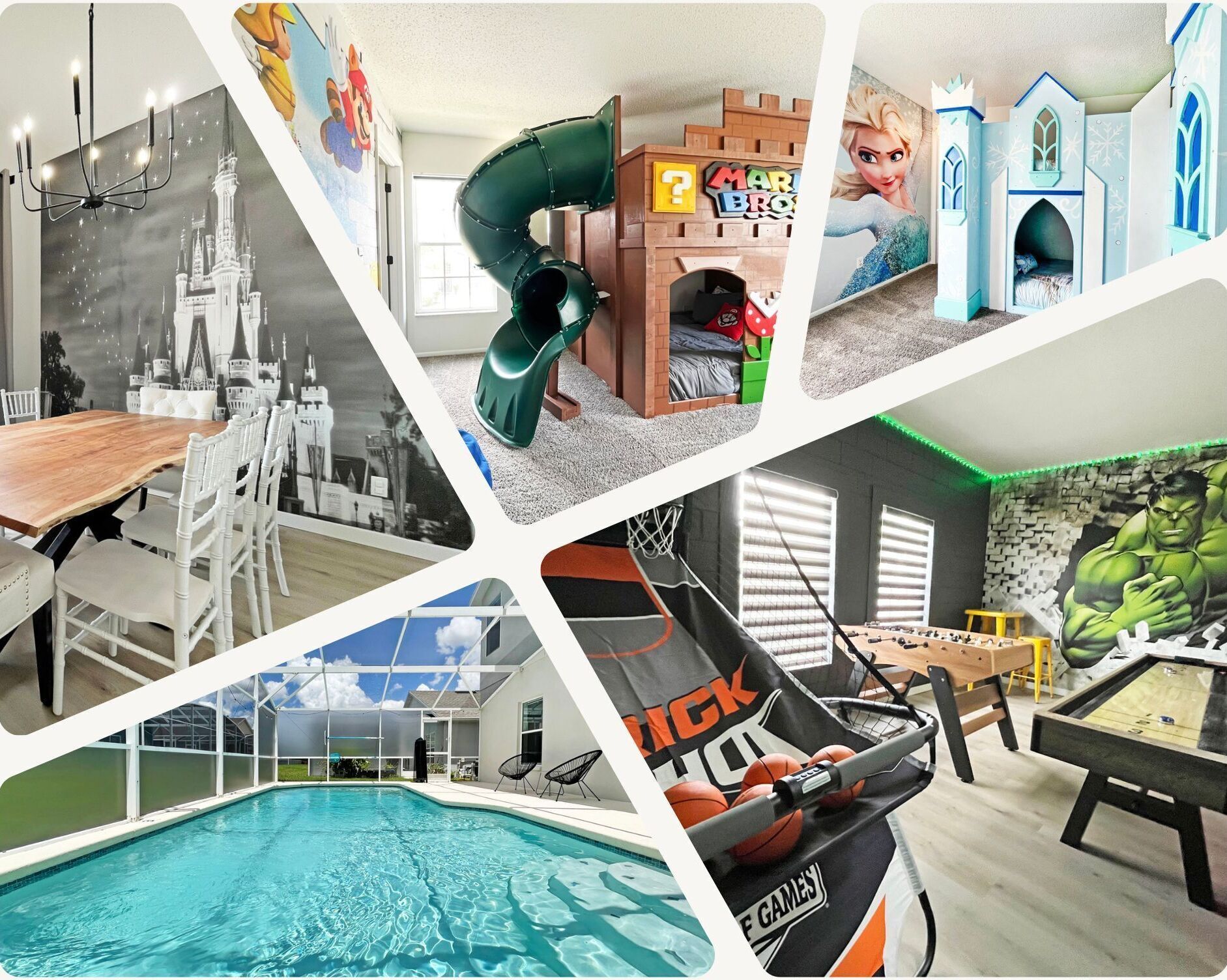 A modern living room with a pool, a play area, and a basketball hoop.