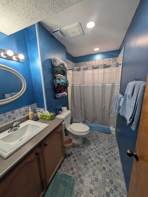 Shower, hair dryer, towels, soap