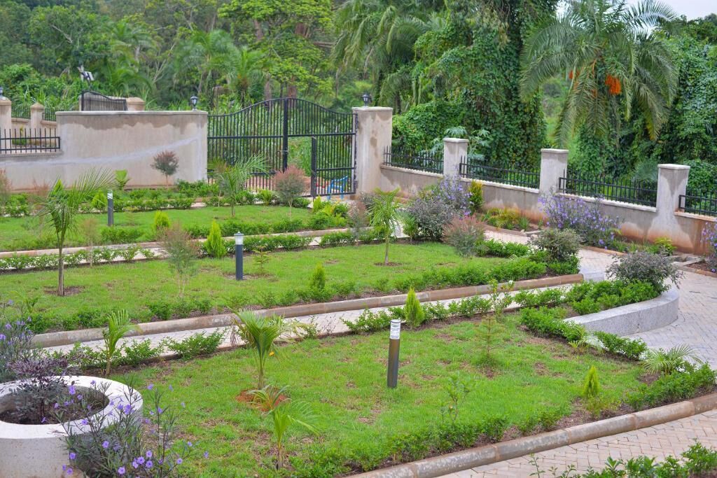 A well-maintained garden with a variety of plants and a paved walkway.