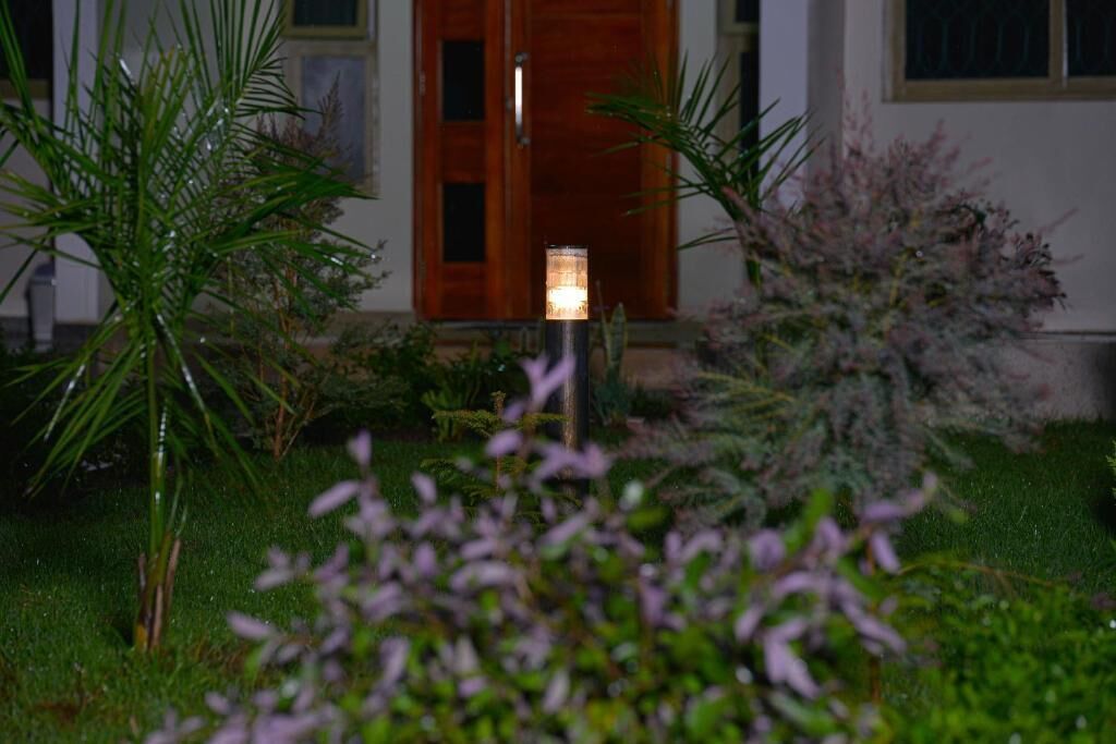 A well-maintained garden with a variety of plants and a lit lantern in the center.