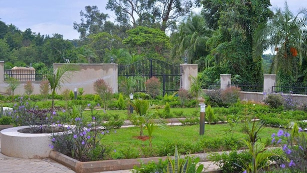 Ein gepflegter Garten mit verschiedenen Pflanzen und einem Metallzaun.