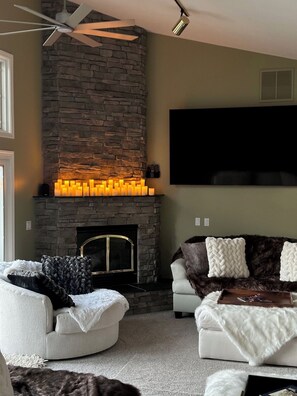 Smart TV, fireplace, video games, DVD player