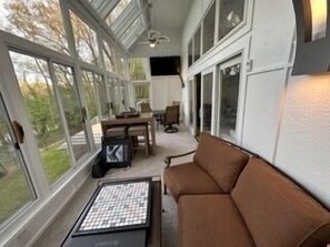 Smart TV, fireplace, video games, DVD player