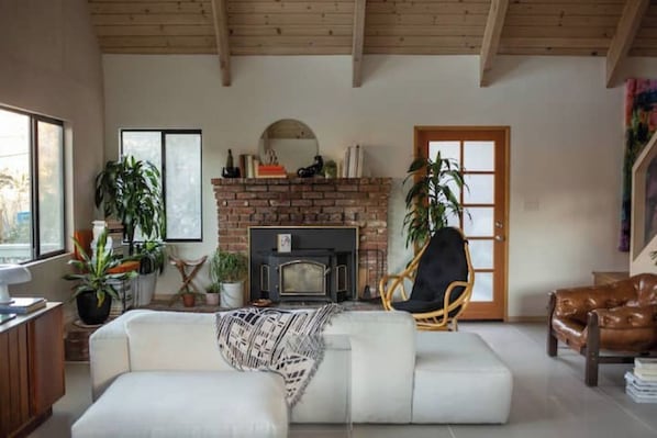 Smart TV, fireplace, books