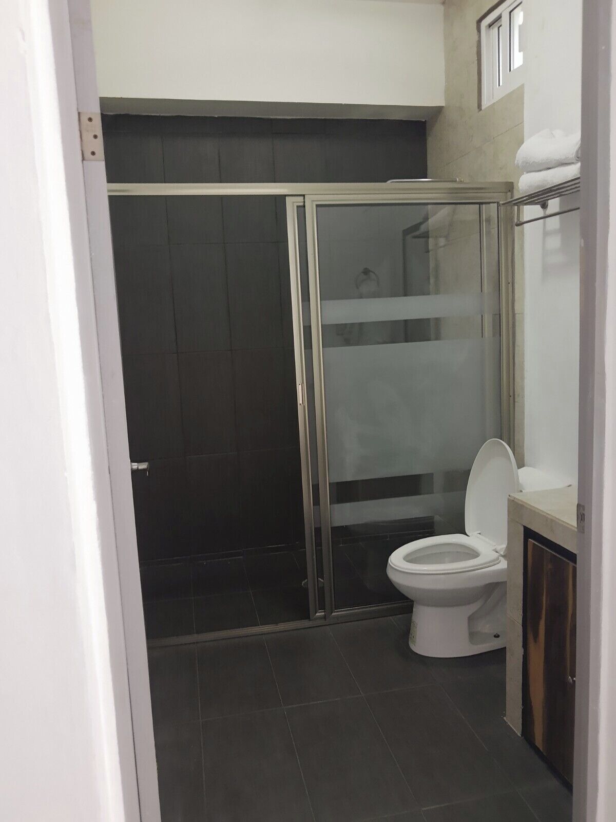 Een badkamer met een douchecabine, toilet en wastafel.