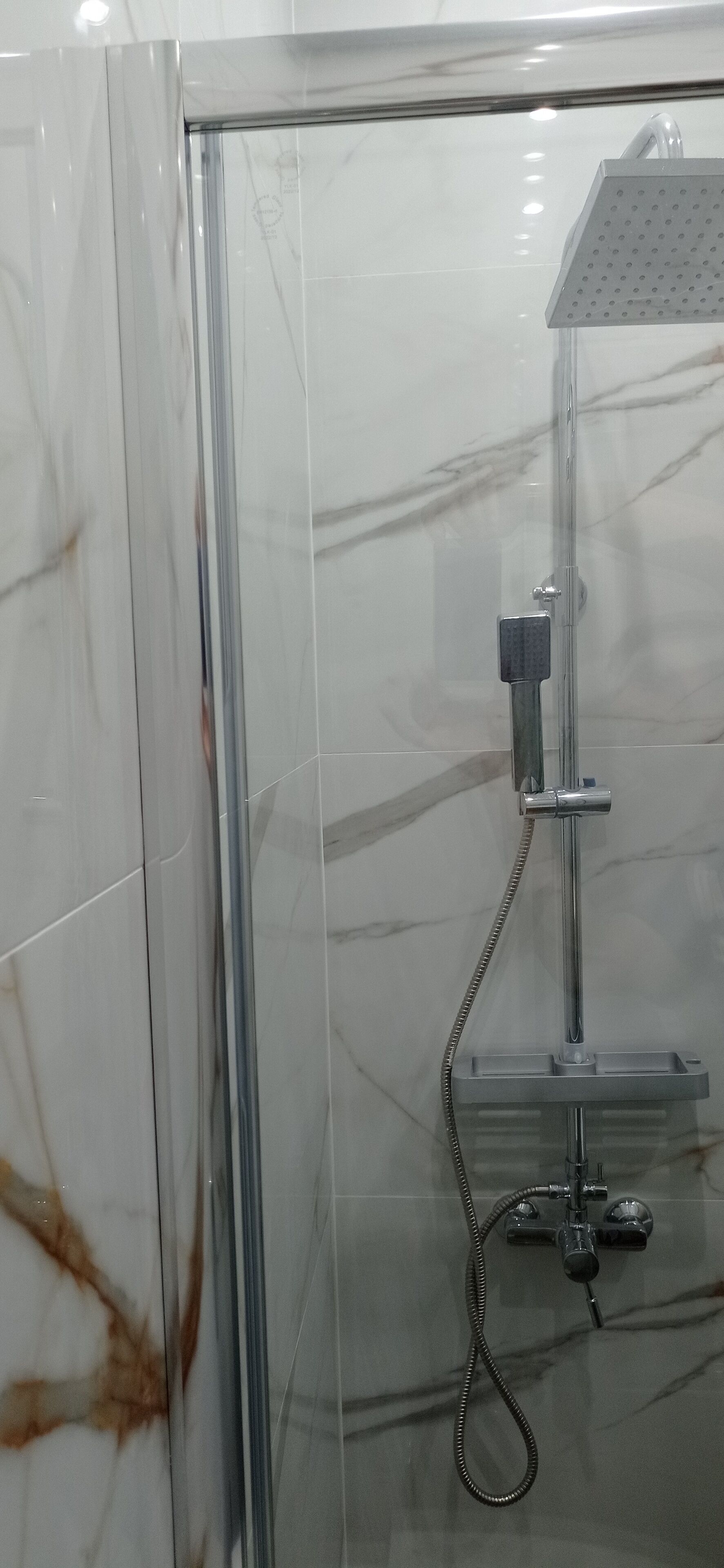 Ein Duschbereich mit Glasabtrennung, einer Handbrause und einem am Wand montierten Wasserhahn.