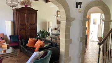 Televisie, een open haard, een dvd-speler en boeken