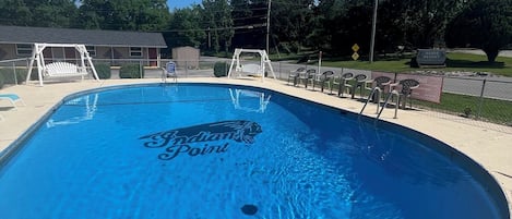 Seasonal outdoor pool, sun loungers