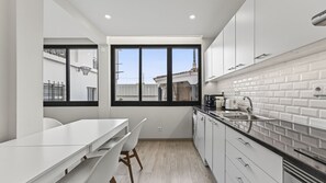 Fridge, microwave, oven, stovetop